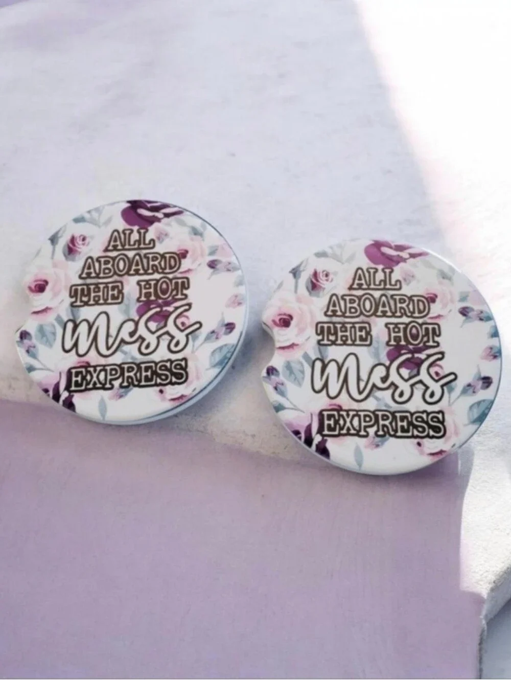 Set Of 2 Ceramic Car Coasters Funny Hot Mess